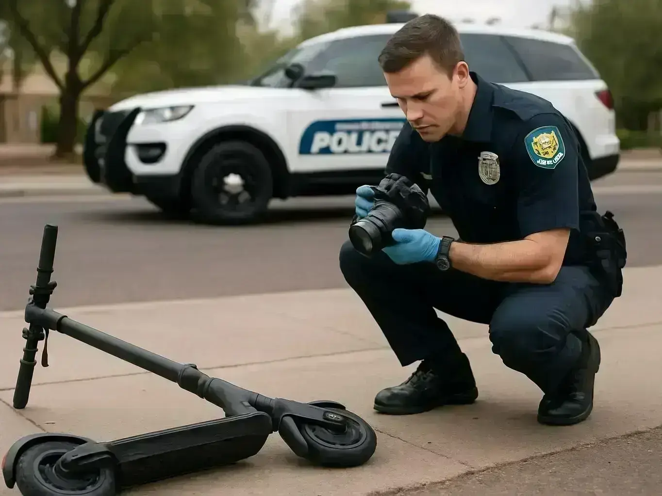 injury attorney helping a scooter rider after a collision by Tempe Town Lake pedestrian path