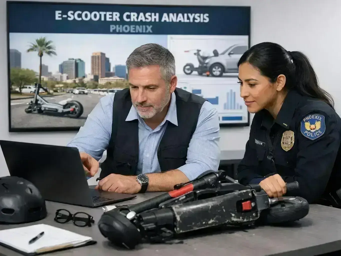 Gilbert city street with e-scooter accident scene and emergency responders